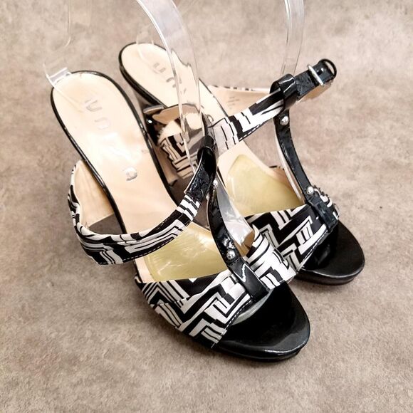 Unisa Womens Deana Size 8.5 Black White Open Toe Double Strap 4" Heels - Picture 1 of 11
